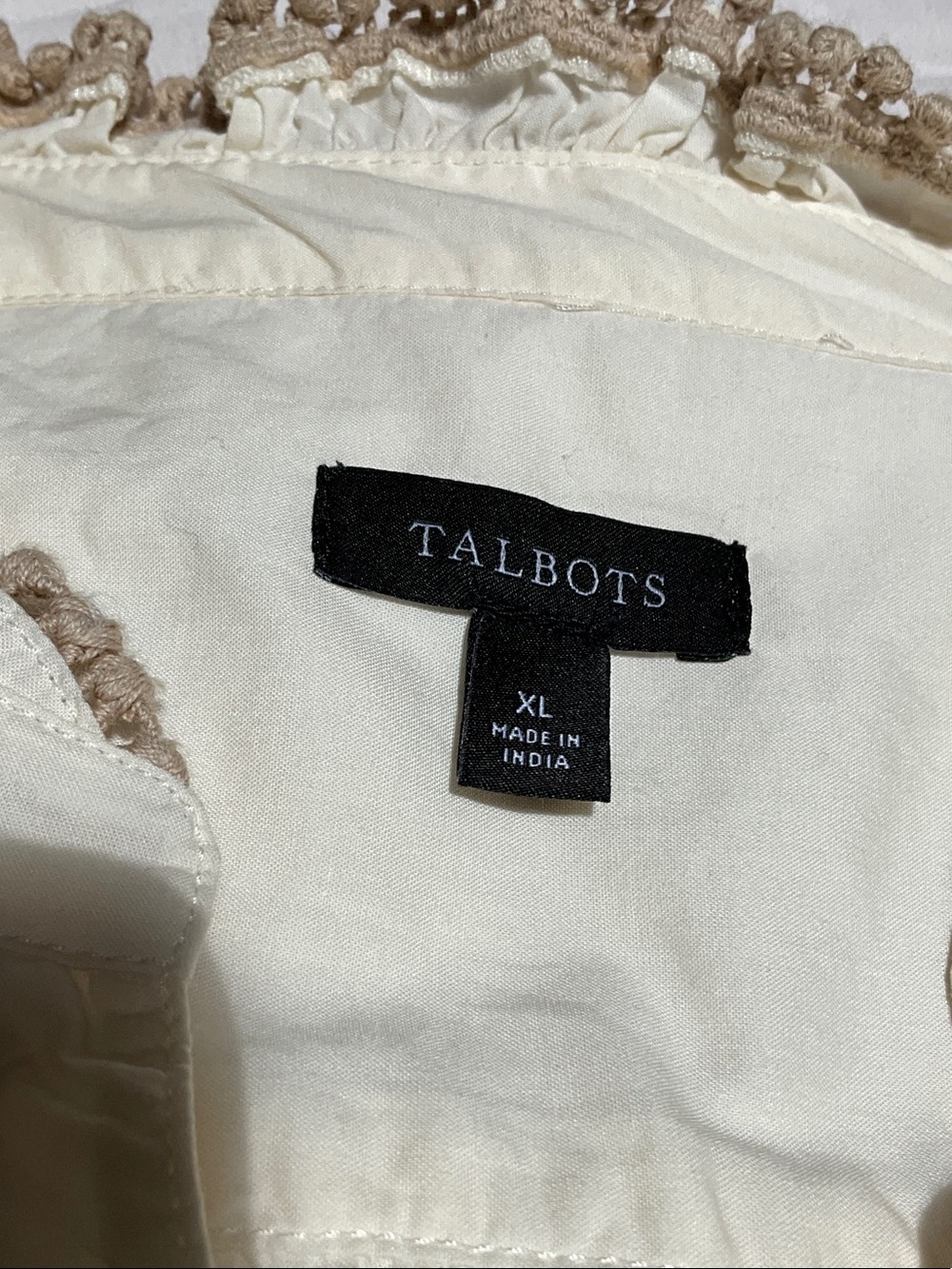 Talbots Ivory Blouse with Taupe Crochet Trim
